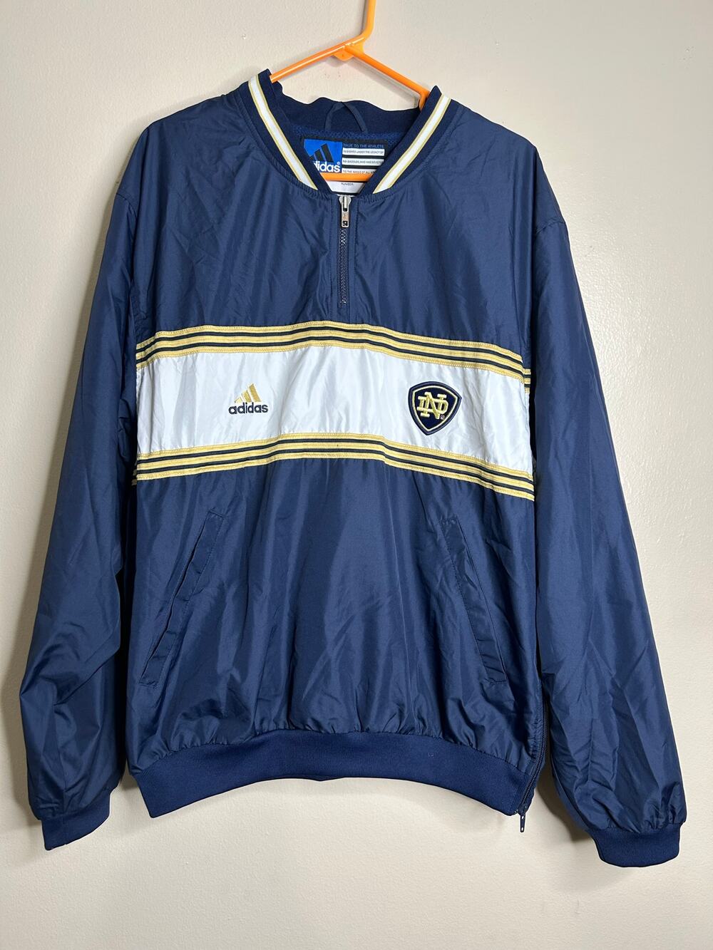 Notre Dame Fighting Irish Adidas Mens Jacket Navy White Color Block 1/4 Zip Med